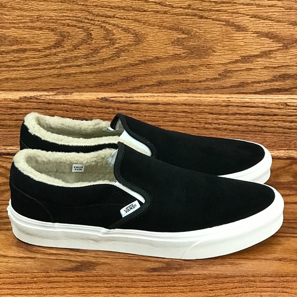  Vans Classic Slip-On Suede Fleece Black White - Picture 2 of 8